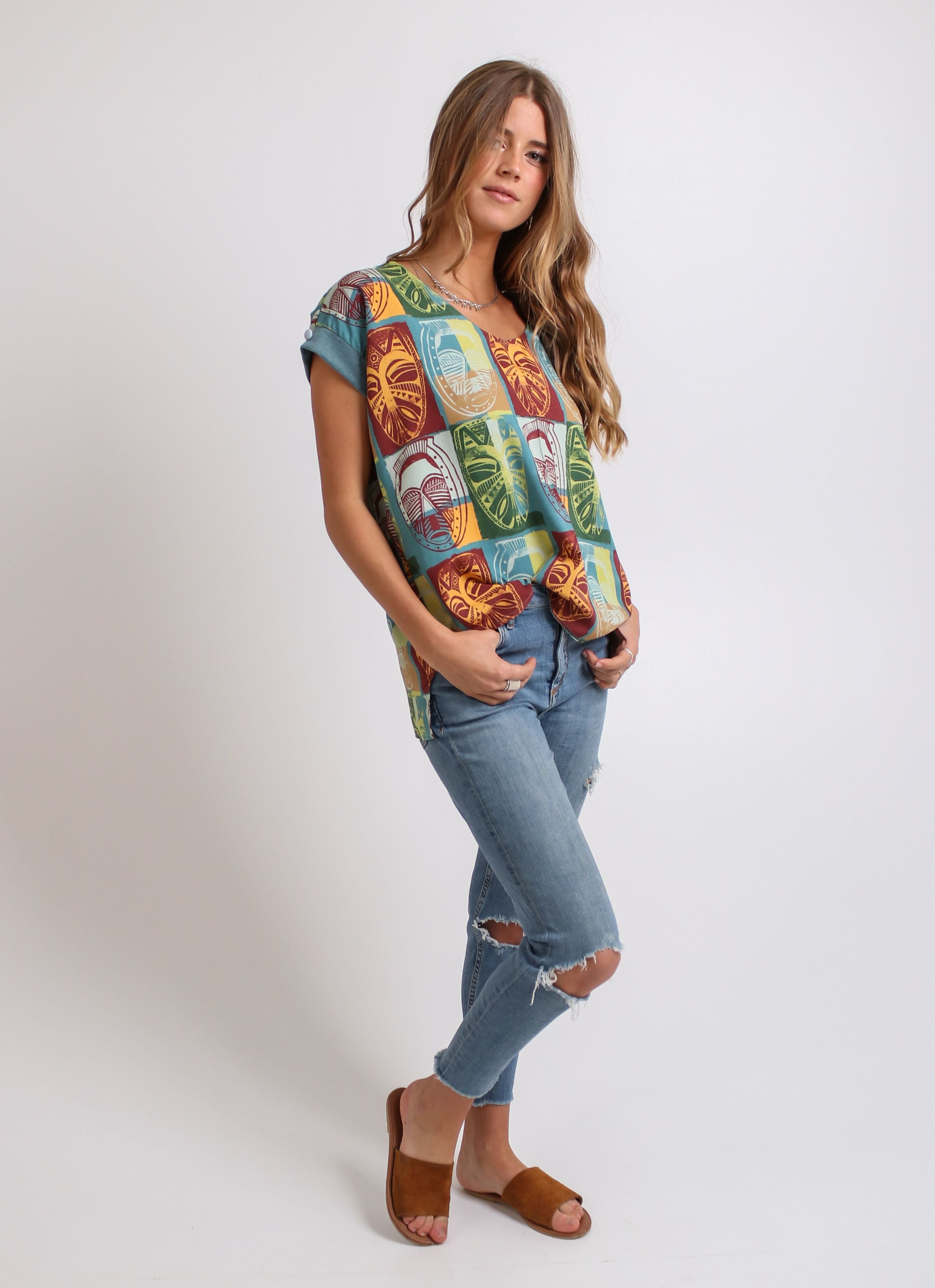 Damen Square Masks V Neck Viskose Top