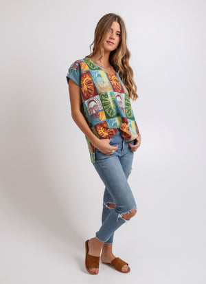 Damen Square Masks V Neck Viskose Top