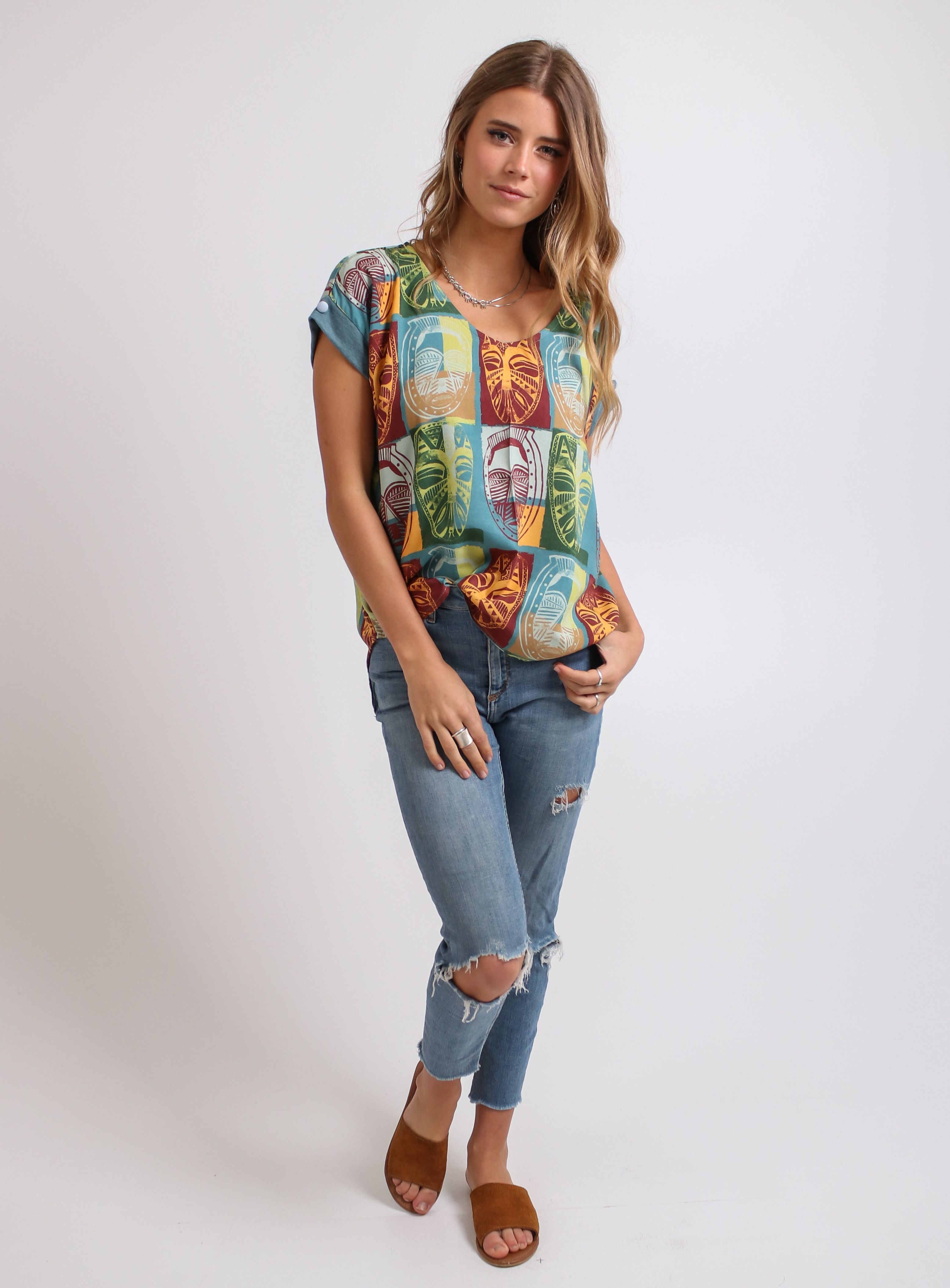 Damen Square Masks V Neck Viskose Top