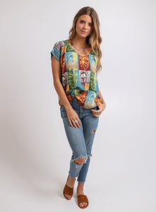 Damen Square Masks V Neck Viskose Top